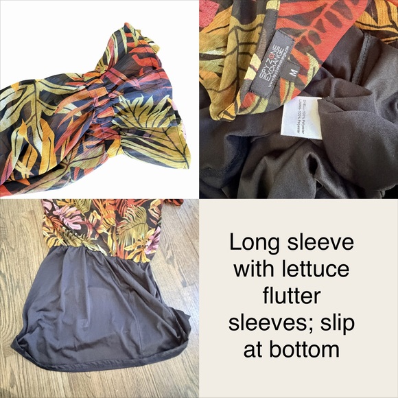 Sheer Tropical Leaf Print Long flutter Sleeve Wrap Maxi Dress autumn botanical - Picture 8 of 8